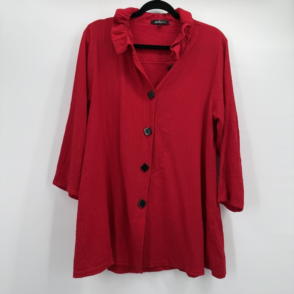 Yushi Jacket Womens Small Red Textured Button Front Ruffle Collar Knit Made USA‎